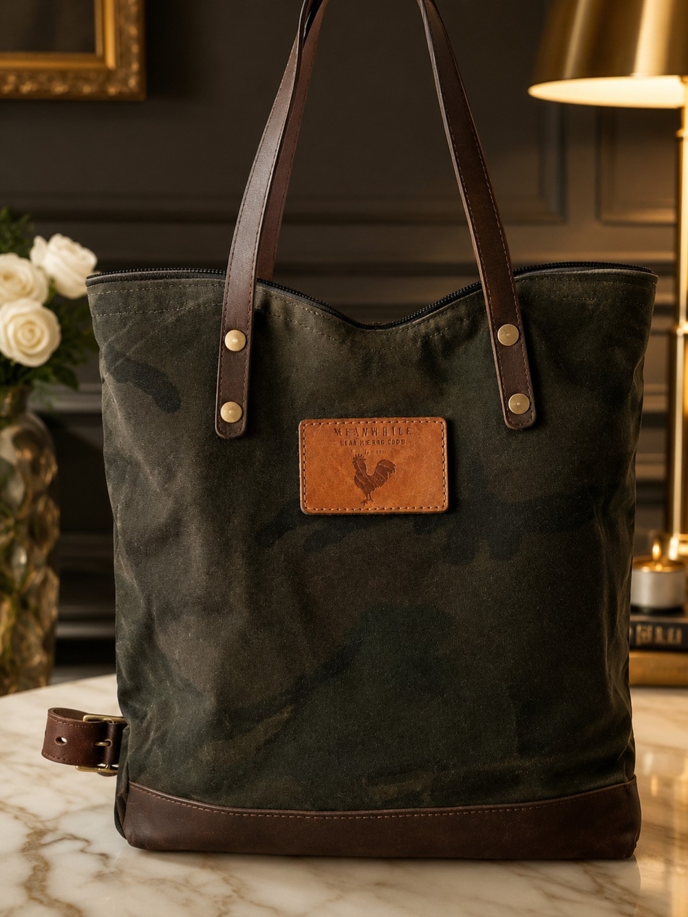 Men's Dark Olive Camo Canvas Tote with Brown Leather Trim